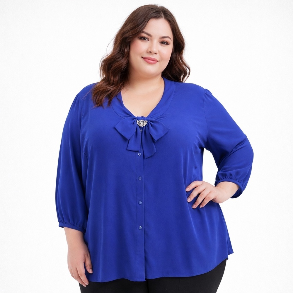 East 5th Woman Royal Blue Bow Blouse 2X Plus Size Elegant Career Feminine Chic
